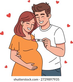 Pares felices que abrazan después de recibir un resultado positivo de la prueba de embarazo. Los padres expectantes están entusiasmados con la maternidad y el comienzo de una familia. Vector illu