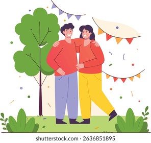 Happy couple embracing in a festive park setting