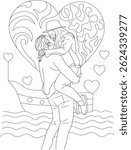 Happy Couple Embracing and Kissing Line Art, Minimalist black and white line art illustration of a happy couple embracing and kissing, with a large heart, smaller hearts, a boat, and waves in the
