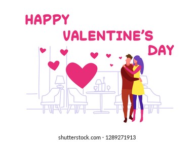 happy couple embracing happy valentines day concept man woman standing together over heart shapes modern cafe interior sketch doodle greeting card horizontal