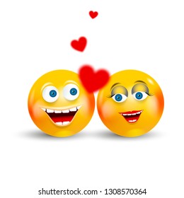 Happy couple Emoji Kawaii Faces in love with red hearts flying around. Communication Chat Elements or icon.
