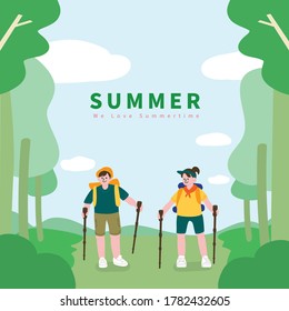  A happy couple enjoy walking on forest path with backpacks during summer. 