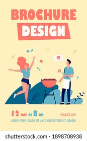 Happy couple enjoying barbecue party. Guy cooking grilled meat, girl dancing by him flat vector illustration. BBQ, picnic, summer concept for banner, website design or landing web page