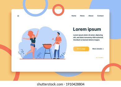 Happy couple enjoying barbecue party. Guy cooking grilled meat, girl dancing by him flat vector illustration. BBQ, picnic, summer concept for banner, website design or landing web page