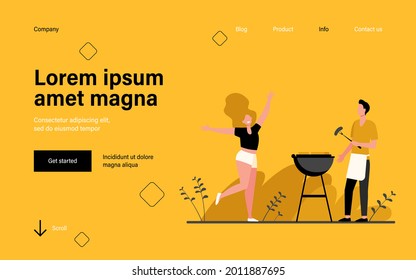 Happy couple enjoying barbecue party. Guy cooking grilled meat, girl dancing by him flat vector illustration. BBQ, picnic, summer concept for banner, website design or landing web page