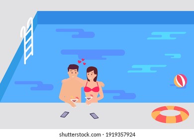 Happy couple enjoying drinks while hugging on the swimming pool. Cartoon flat illustration