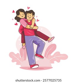 Happy couple enjoying a piggyback ride with love symbols. Valentine's Day illustration.