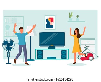 Happy Couple Enjoying Purchasing Of New Home Theater, Vacuum Cleaner And Pedestal Fan Vector Flat Illustration. Shopping For Electronics And Household Appliances Concept For Web Banner, Website Page.