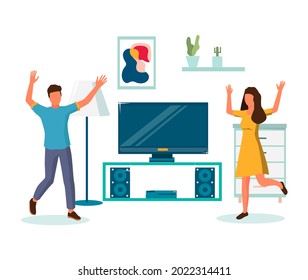 Happy couple enjoying relocation and having housewarming, flat vector illustration. Housewarming party celebration after moving to new home.