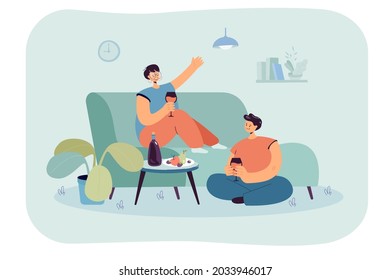 Happy couple enjoying romantic evening at home. Flat vector illustration. Man and woman sitting on couch and floor, drinking champagne, eating fruits together. Date, love, comfort, dinner concept