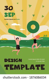 Happy couple enjoying summer beach activities. Man and woman with surfboard and lifebuoy at sea flat vector illustration. Vacation, holiday concept for banner, website design or landing web page