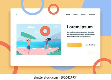 Happy couple enjoying summer beach activities. Man and woman with surfboard and lifebuoy at sea flat vector illustration. Vacation, holiday concept for banner, website design or landing web page