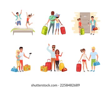 Happy Couple Enjoying Summer Vacation Together Having Honeymoon Trip Vector Set