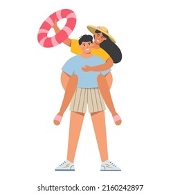 Una pareja feliz está disfrutando de sus vacaciones en la playa. El concepto de vacaciones de verano, recreación, relajación y turismo. Descanso y actividad. Ilustración vectorial plana.