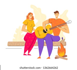 Happy Couple Enjoying Time Together Outdoor in Camping. Man Playing Guitar for Girlfriend near Bonfire. Friends Tourists Relaxing in Camp. Vector Flat illustration