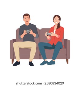 Happy couple enjoys playing video games together on the couch. Flat vector illustration isolated on white background