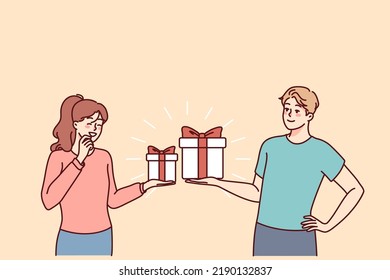 Happy couple exchange presents for valentine day. Smiling man and woman make surprise give gifts on special occasion. Vector illustration. 