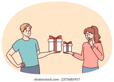 Happy couple exchange presents for valentine day. Smiling man and woman make surprise give gifts on special occasion. Vector illustration.