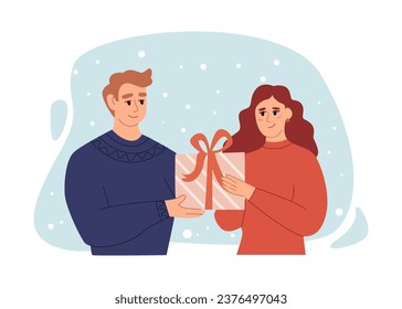 Happy Couple Exchanging Gifts. Christmas Presents Concept. Man Presenting Gift to Woman. Flat Vector Illustration Isolated on White Background.