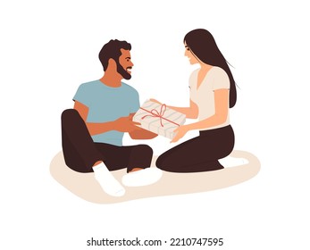 The happy couple exchanging gifts. A happy man and woman sit next to each other with a gift in their hands isolated on a white background. Flat vector illustration