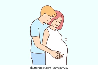 Happy couple excited with pregnancy waiting for baby. Smiling man hugging pregnant woman. Parenthood concept. Vector illustration. 