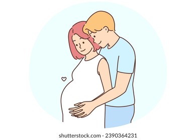 Happy couple excited with pregnancy waiting for baby. Smiling man hugging pregnant woman. Parenthood concept. Vector illustration.