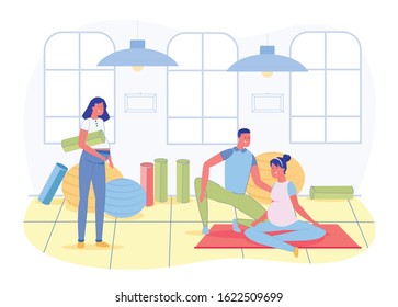 Happy Couple Exercising in Gym, Doing Gymnastics Cartoon Flat Vector Illustration. Pregnant Characters with Husband Doing Sport Activity Together. Practicing Yoga. Room with Equipment.