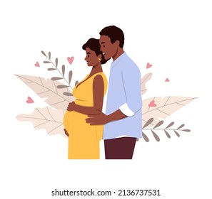 A happy couple expecting a baby. African American pregnant woman and her husband. Joint birth concept. Vector illustration