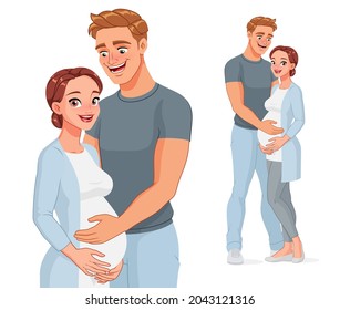 Happy couple expecting baby. Caring husband holding belly of his pregnant wife. Cartoon vector illustration isolated on white background.