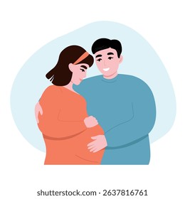 Happy couple expecting a baby. Future parents together. Pregnant woman with belly in profile. Vector flat graphics.