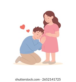 Happy couple expecting a baby. Husband listening to pregnant wife’s belly with love and care. Future mom. Family and pregnancy concept in flat cartoon style. Vector illustration isolated on white.
