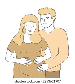 A happy couple is expecting a baby. A pregnant woman is hugged by her husband. Vector art line graphics.