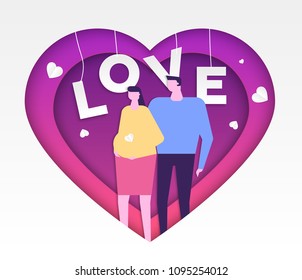 Happy couple expecting a child - vector paper cut illustration on white background. Composition with husband and pregnant wife standing together, hugging. Big heart with origami effect. Love theme