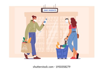 Happy Couple in Face Masks Making Purchases in Store Taking Products from Shop Shelf. Man with Shopping Cart. Family Characters Buying Food. People Visiting Supermarket. Cartoon Vector Illustration