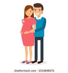 Happy couple, family expecting a baby  - vector illustration in flat style. Pregnant woman