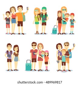 Happy couple, family, people, tourists vector travelling cartoon characters. Family holiday journey, mother father and children illustration