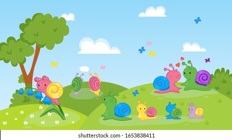 Happy couple, family of snails animals on nature vector illustration. Cartoon colorful cute smiling adult snails, mother with children walk on grassland. Flowers, trees, butterflies.