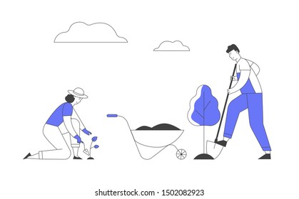 Happy Couple of Farmers Working in Garden. Man Digging Soil and Care of Tree. Woman Planting Sprout to Ground. Active Outdoors Hobby, Environment Protection. Cartoon Flat Vector Illustration, Line Art