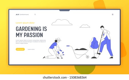 Happy Couple of Farmers Working in Garden Website Landing Page. Man Digging Soil and Care of Tree, Woman Planting Sprout to Ground, Hobby Web Page Banner. Cartoon Flat Vector Illustration, Line Art