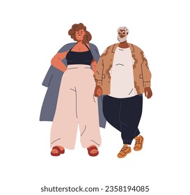 Happy couple, fat man and chubby woman. Chunky people in romantic relationships. Plus-size biracial characters of different race, age. Flat graphic vector illustration isolated on white background