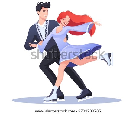 Happy couple figure skating on ice in elegant costumes, flat cartoon style on white background. Concept of winter activity and romance. Vector illustration
