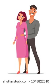 Happy couple flat vector color illustration. Young family. Boyfriend and girlfriend cartoon characters. Man hugging woman. Caucasian people. Husband and wife smiling. Isolated design element