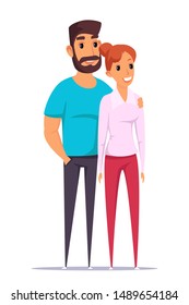 Happy couple flat vector illustration. Handsome bearded man embracing woman shoulder cartoon characters. Romantic relationships. Cheerful husband and wife isolated on white background