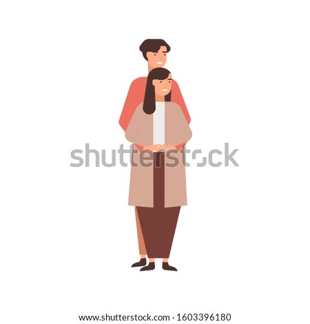 Happy couple flat vector illustration. Cuddling girl and boy, young husband and wife. Relationship, love and tenderness, harmony and family idyll concept. Smiling woman and man cartoon characters.