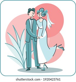 Happy couple flat wedding illustration of bride and groom