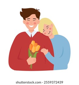 Happy couple with flowers in flat style. Vector illustration for greeting card, Valentine's Day design and web. Isolated on white background.