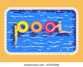 Happy couple are forming word with rubber rings in swimming pool.Vector
