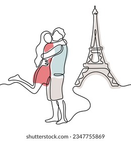 Happy couple in front of the Eiffel Tower continuous line colourful vector illustration