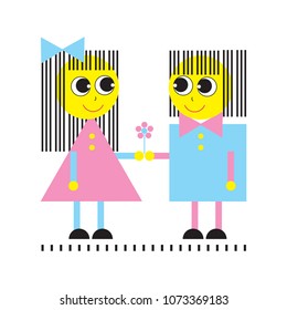 Happy couple. Funny people from geometric shapes. ?bstract human figures