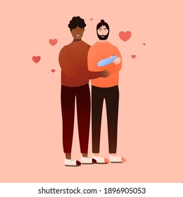 Happy couple of gay adopting newborn boy, parenthood, LGBT family with baby, fathers day or valentine greeting card, colourful vector illustration in cartoon style, romantic relationships
